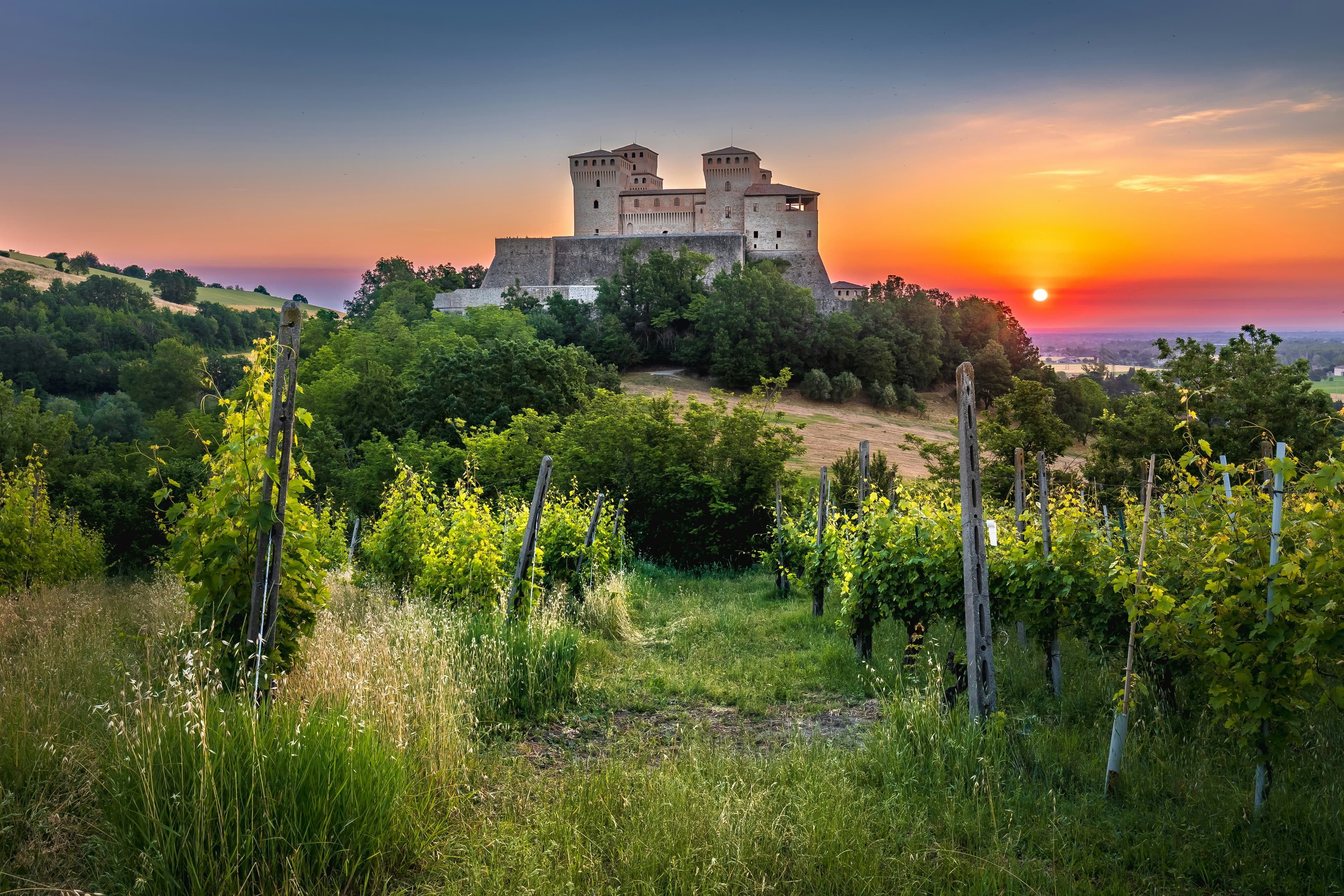A stone castle sits atop a hill surrounded by lush green trees and vineyards, with the sun setting in a colorful sky on the horizon—reminiscent of iconic Braveheart filming locations.