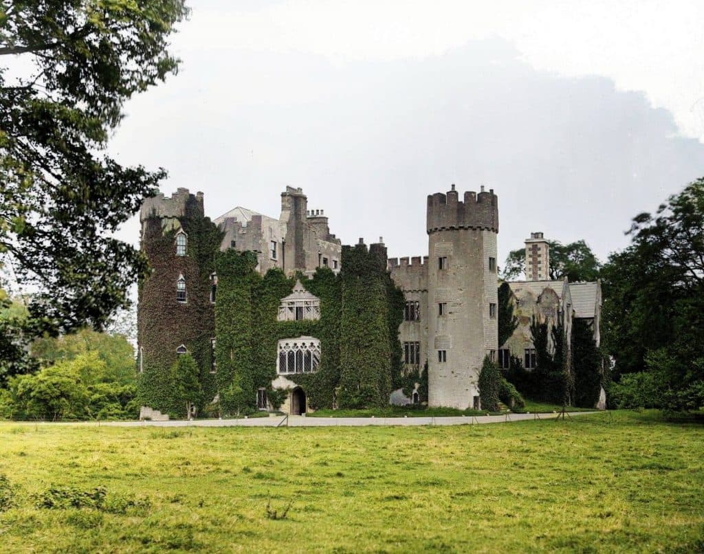 A historic castle with ivy-covered stone walls, tall turrets, and arched windows stands amidst lush greenery, reminiscent of the best castles near Dublin. A grassy field stretches in the foreground, with trees on either side framing this captivating fortress.