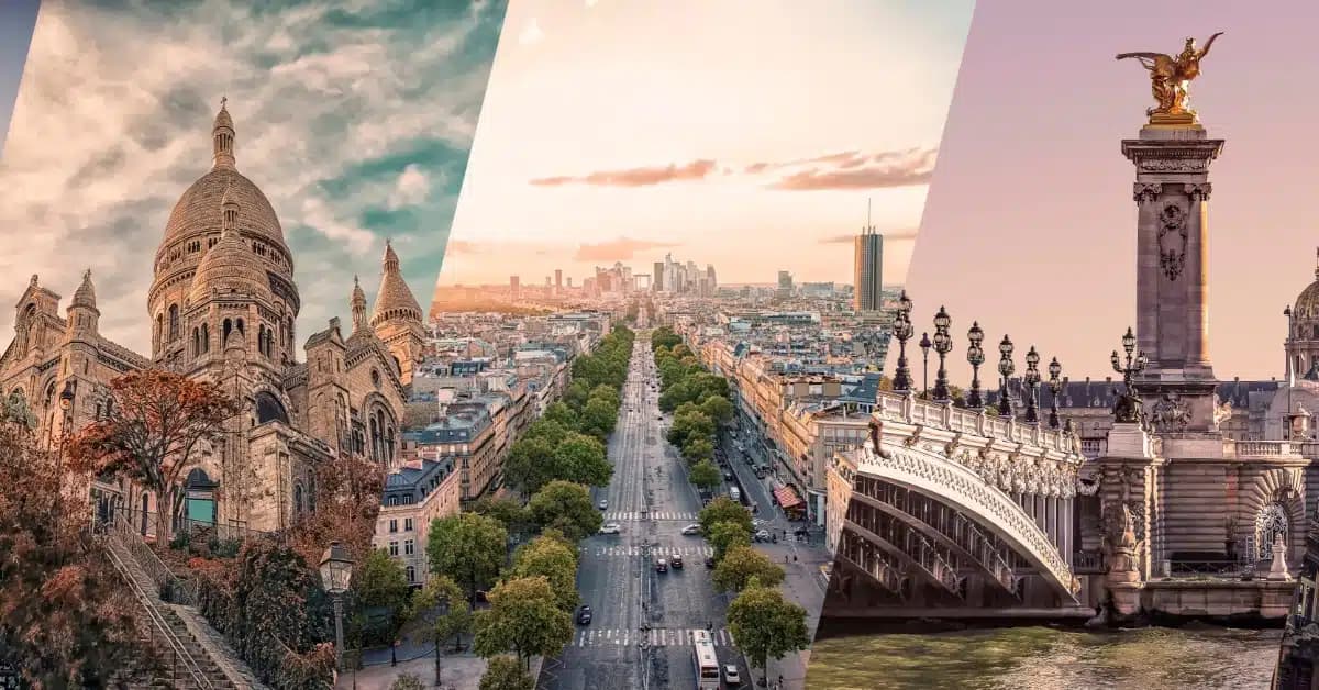 A collage of three photos clipped together. Each piece captures a prominent European travel destination.