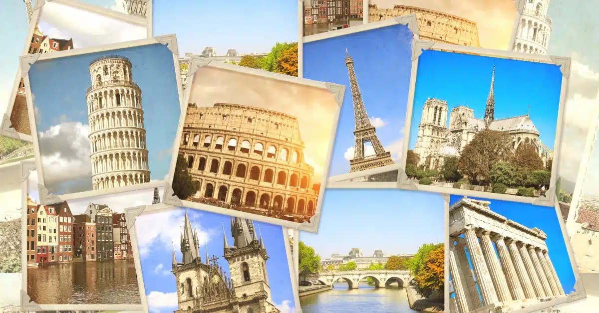 A collage of postcards from various popular European landmarks, including the Eiffel Tower and spots in Rome.